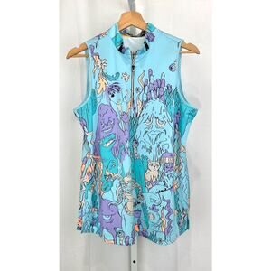 JAMIE SADOCK Monster Party Life Print Sleeveless Zip Neck Top Blue Estimated M